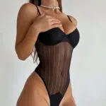 Black Striped Mesh Sheer Bodysuit Side Show