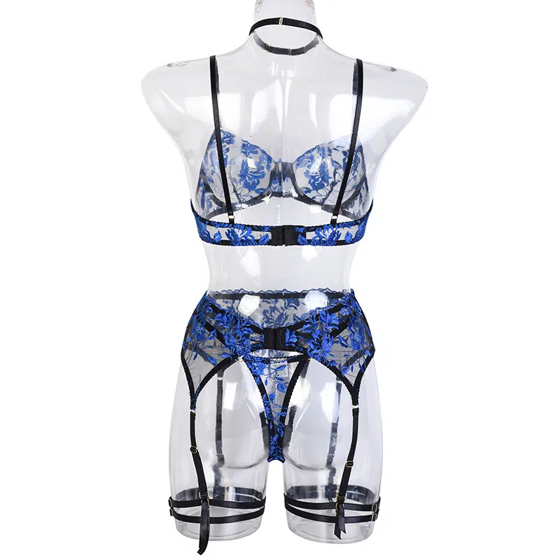 Blue Bra & Panty Set with Embroidered Flowers Back View Синий бюстгальтер и трусики с вышитыми цветами, вид сзади