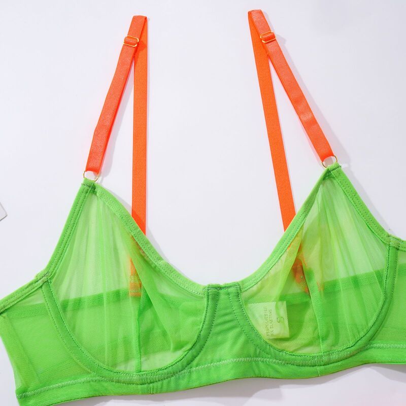 Contrasting Color Design Transparent Mesh Three-Piece Set Bra Details