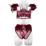 Fire Brick Sheer Mesh Bra and Panty Set with Feather Back View Fire Brick Sheer Mesh Bra and Panty Set with Feather Back View