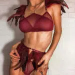 Fire Brick Sheer Mesh Bra and Panty Set with Feather Front Model Show Fire Brick Sheer Mesh Bra and Panty Set with Feather Front Model Show