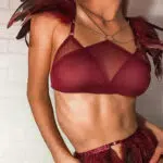 Fire Brick Sheer Mesh Bra and Panty Set with Feather Model Show Fire Brick Sheer Mesh Bra and Panty Set with Feather Model Show