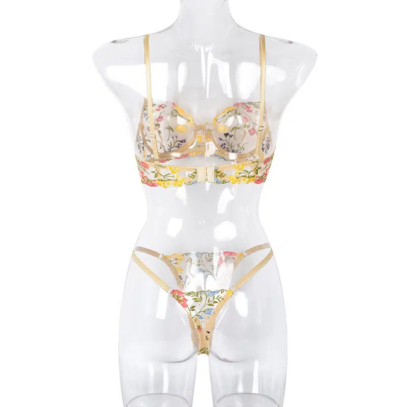 Glode Wunderschönes, mit Blumen besticktes Mesh-BH-Set, Rückansicht