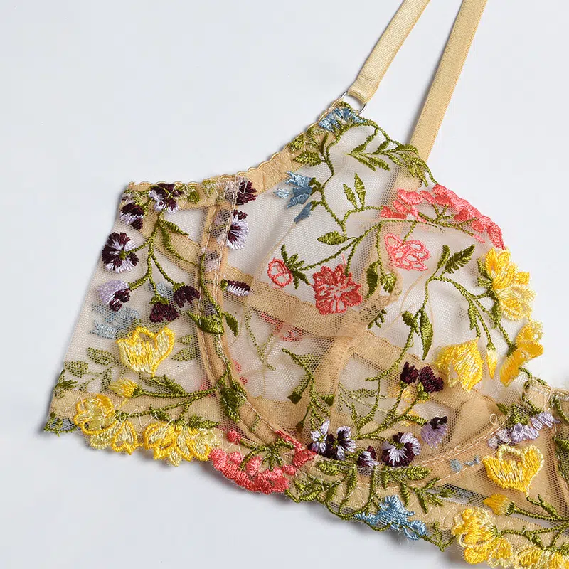 Glode Wunderschönes, mit Blumen besticktes Mesh-BH-Set. BH-Details