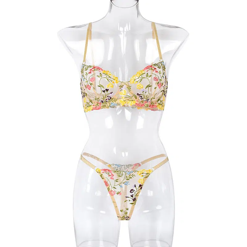 Glode Wunderschönes, mit Blumen besticktes Mesh-BH-Set, Vorderansicht