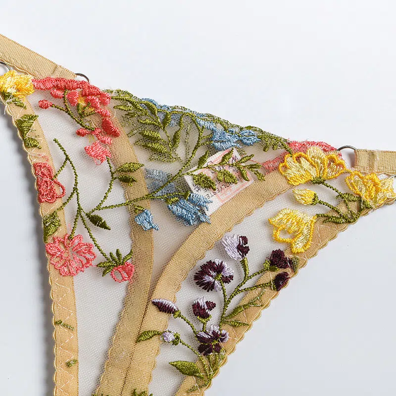 Glode Wunderschönes, mit Blumen besticktes Netz-BH-Set, Panty Show