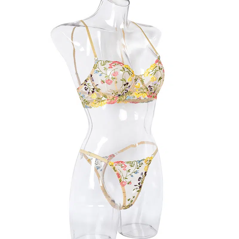 Glode Wunderschönes, mit Blumen besticktes Netz-BH-Set, Seitenansicht