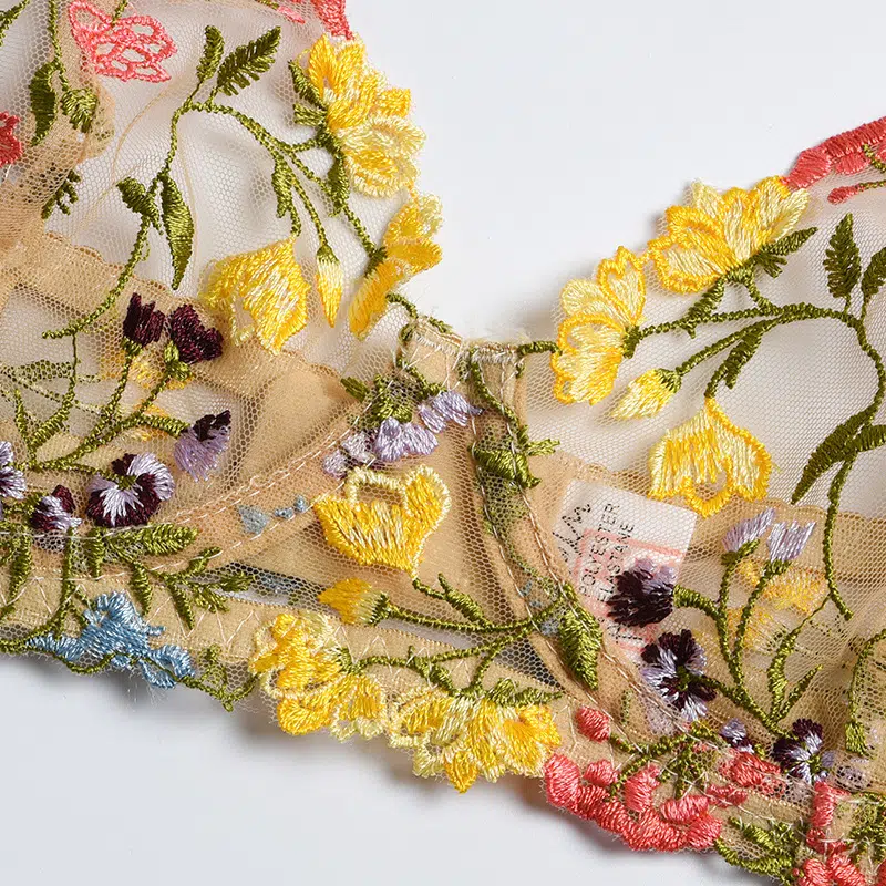 Glode Wunderschönes, mit Blumen besticktes Netz-BH-Set, BH-Show