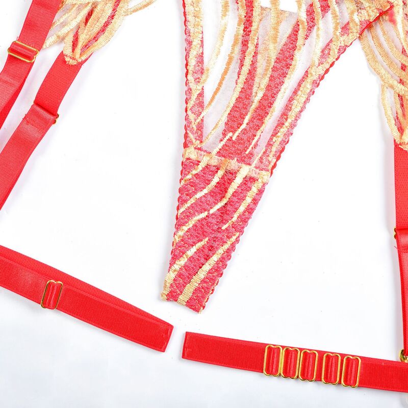 Gold Wave Embroidered Bra & Panty Set with Red Frame Crotch Details Gold Wave Broderad BH & Trosa Set med röda detaljer i grenen