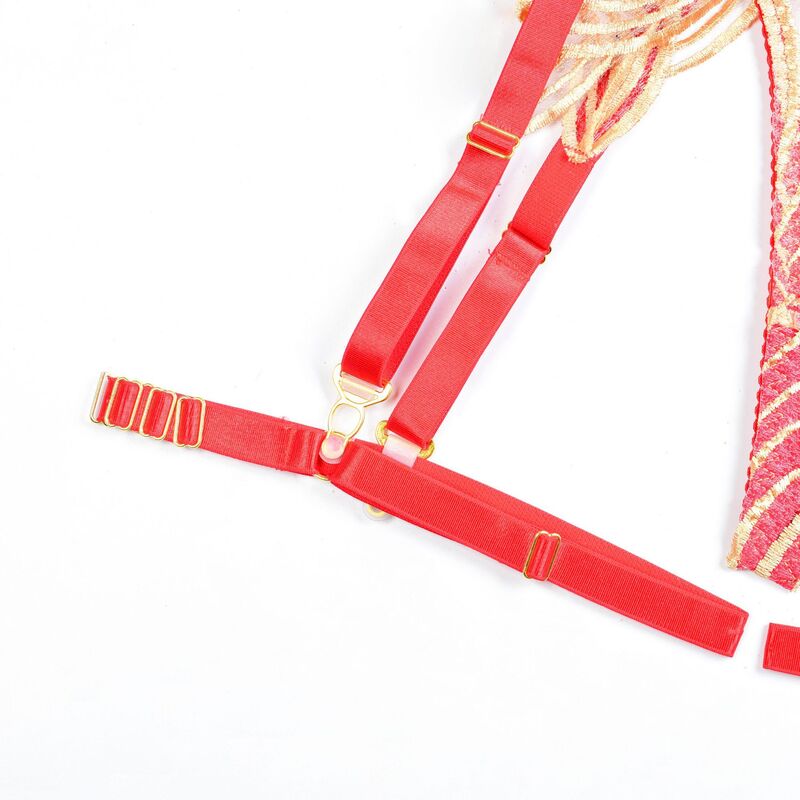 Gold Wave Embroidered Bra & Panty Set with Red Frame Leg Ring Gold Wave Broderad BH & Trosa Set med Röd Ram Ben Ring
