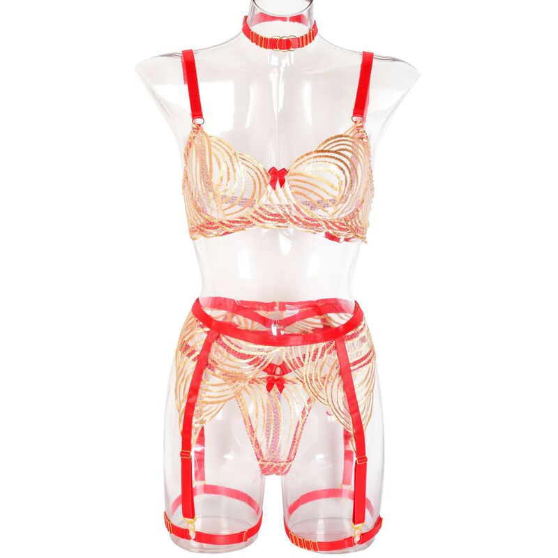 Gold Wave Embroidered Bra & Panty Set with Red Frame Model Front Dispaly Gold Wave Broderad BH & Trosa Set med röd ram Model Front Dispaly