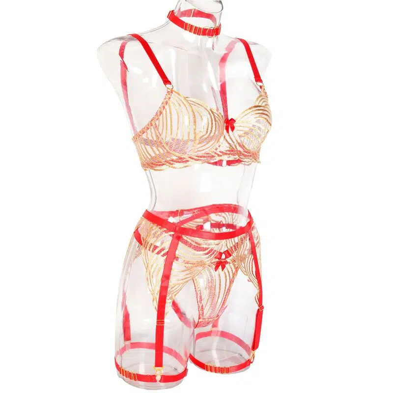 Gold Wave Broderad BH & Trosa Set med röd ram modell sidovy