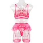 Conjunto de sujetador de encaje floral transparente sexy rosa intenso con faja con borlas Vista posterior
