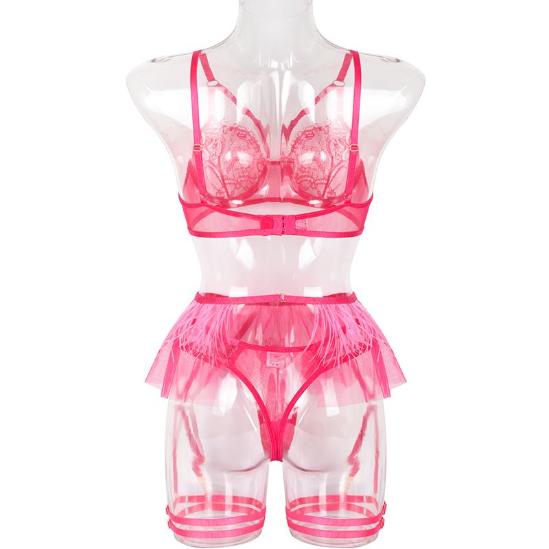 Hot Pink Sexy Sheer Floral Lace Bra Set with Tassel Girdle Back View Hot Pink Sexig skirblommig spets BH Set med tofsgördel bakifrån