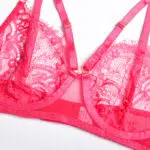 Conjunto de sujetador de encaje floral transparente sexy rosa intenso con espectáculo de sujetador de faja con borlas