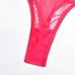 Conjunto de sujetador de encaje floral transparente sexy rosa intenso con detalles de entrepierna de faja con borlas