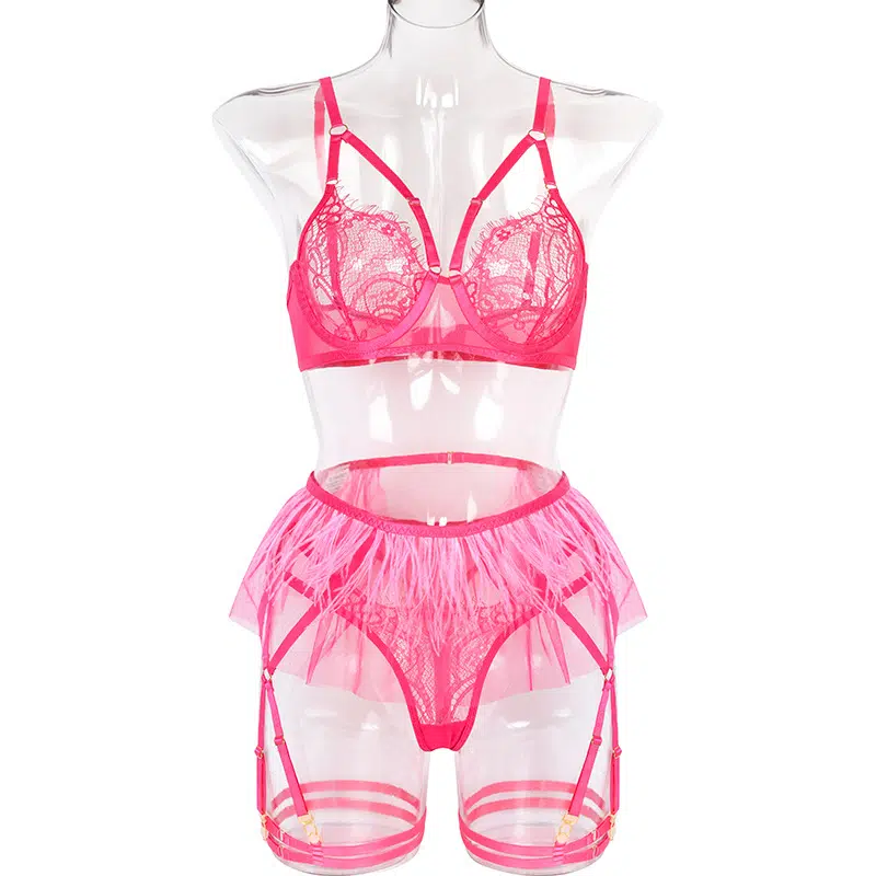 Conjunto de sujetador de encaje floral transparente sexy rosa intenso con faja con borlas Vista frontal