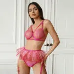 Hot Pink Sexy Sheer Floral Lace Bra Set con borla Faja Model Show