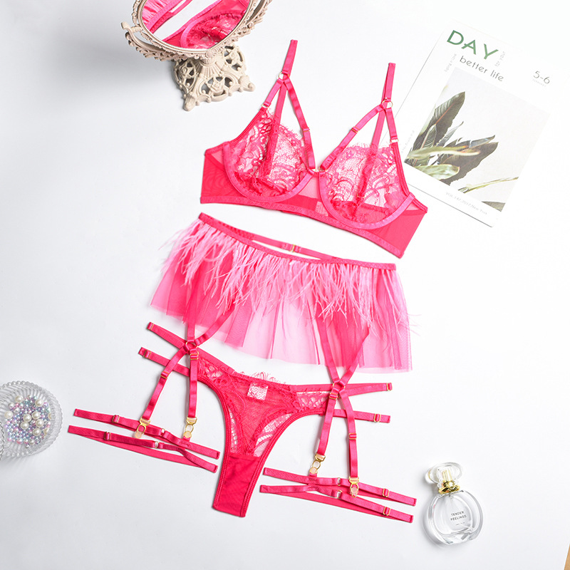 Hot Pink Sexy Sheer Floral Lace Bra Set with Tassel Girdle Over View Hot Pink Sexig Skir Blommor Spets BH Set med tofs gördel översikt