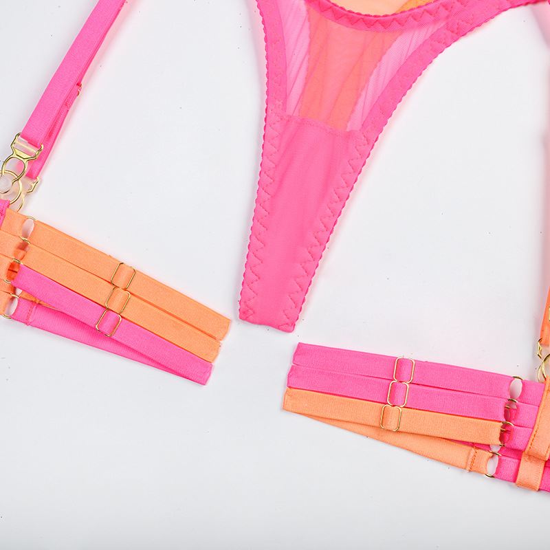 Hot Pink Two-Tone Stretch Mesh Bra Set Crotch Details Hot Pink Two-Tone Stretch Mesh Bra Set Crotch Details