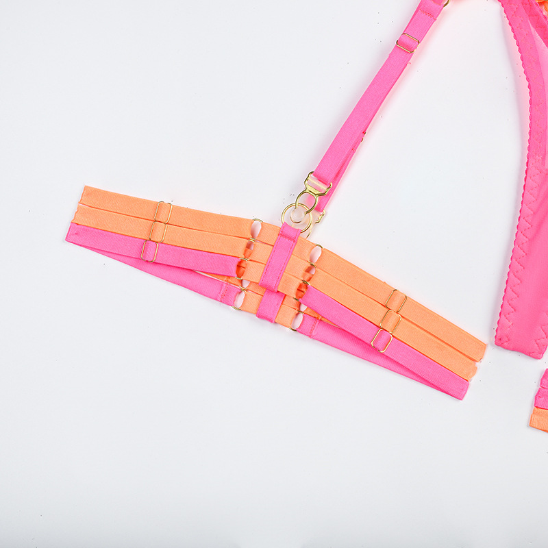 Hot Pink Two-Tone Stretch Mesh Bra Set Leg Ring Details Hot Pink Two-Tone Stretch Mesh Bra Set Leg Ring Details