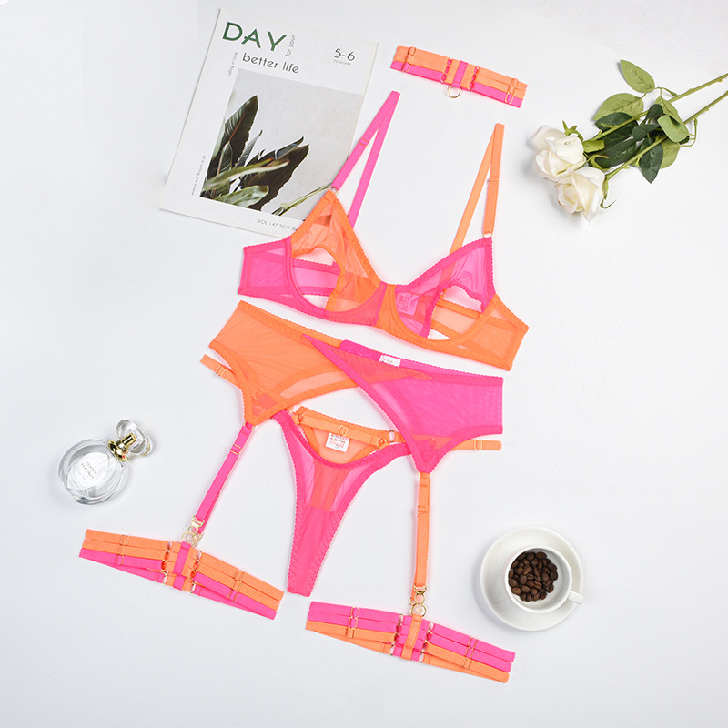 Hot Pink Two-Tone Stretch Mesh Bra Set Over View Hot Pink Two-Tone Stretch Mesh Bra Set Over View