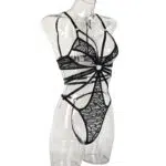 Lace Bodysuit with Multi-Strap Chest Ring and Hollow Design Model Side View