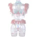 Conjunto de sutiã de renda transparente elegante azul claro com detalhes em penas coloridas vista traseira