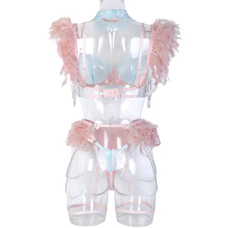 Conjunto de sutiã de renda transparente elegante azul claro com detalhes em penas coloridas vista traseira
