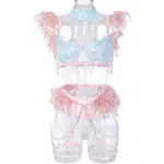Conjunto de sutiã de renda transparente elegante azul claro com detalhes em penas coloridas vista frontal