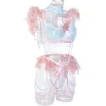 Conjunto de sutiã de renda transparente elegante azul claro com detalhes em penas coloridas vista lateral