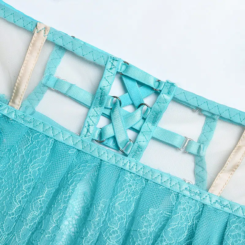 Conjunto de sujetador de encaje floral color lima con volantes de encaje Trim2 Show de cintura