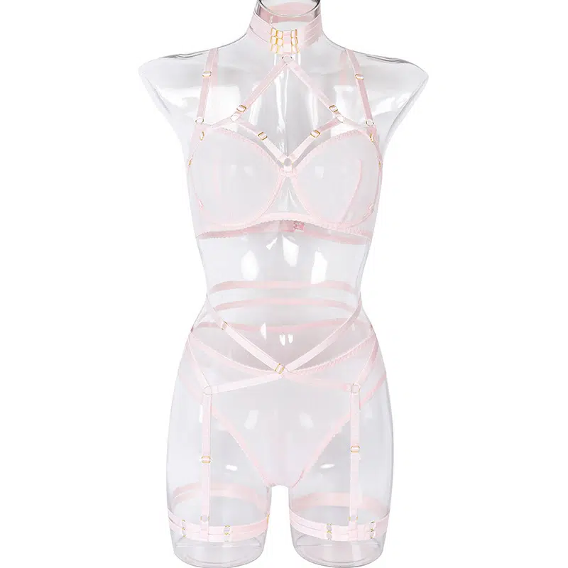 Mesh Halter Neck Bra & Panty Set with Elastic Band Front View Mesh Halter Neck Bra & Panty Set with Elastic Band Front View