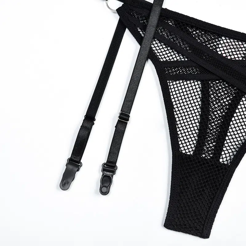 Open Mesh Halterneck Bra Set with Diamond Garter Crotch Details Conjunto de sutiã de malha aberta com decote halter e detalhes de diamante liga na virilha