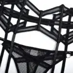 Conjunto de sutiã de malha aberta com decote halter e show de jarreteira de diamante Conjunto de sutiã de malha aberta com decote halter e show de jarreteira de diamante