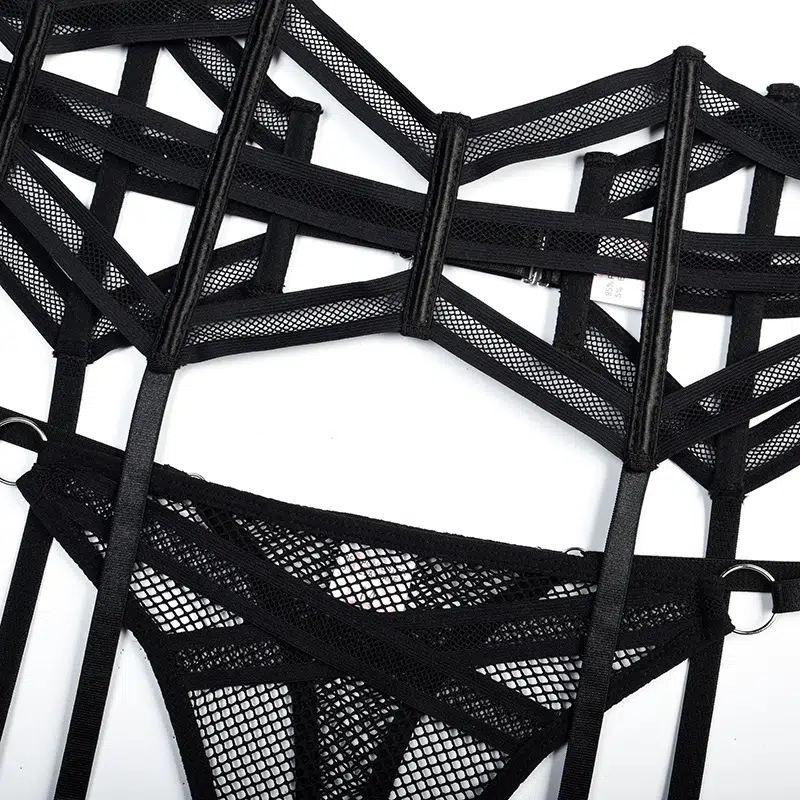 Open Mesh Halterneck Bra Set with Diamond Garter Show Conjunto de sutiã de malha aberta com decote halter e show de jarreteira de diamante