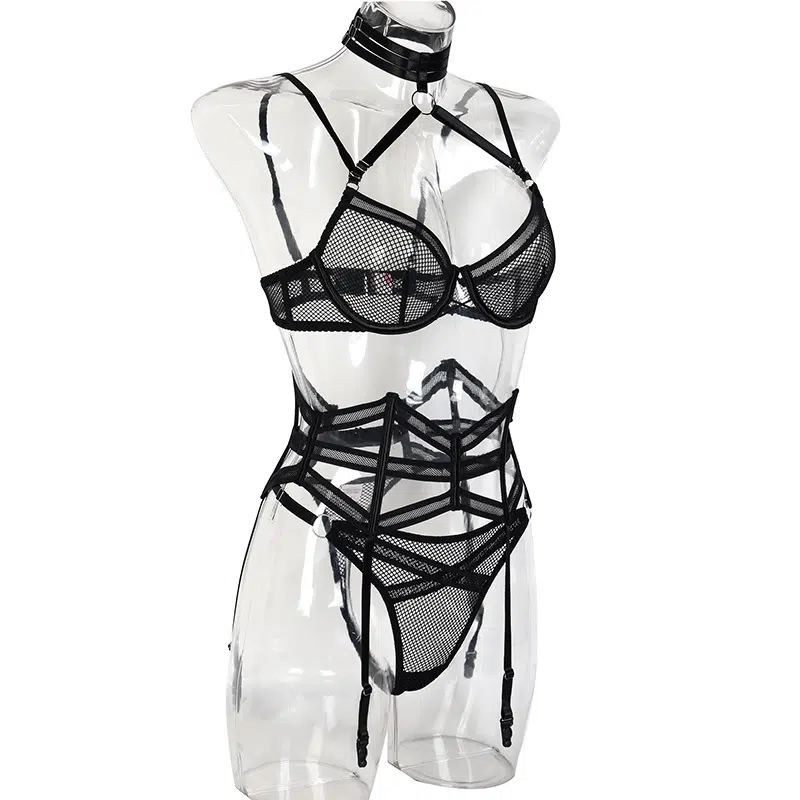 Open Mesh Halterneck Bra Set with Diamond Garter Side View Conjunto de sutiã de malha aberta com decote halter e vista lateral em forma de diamante