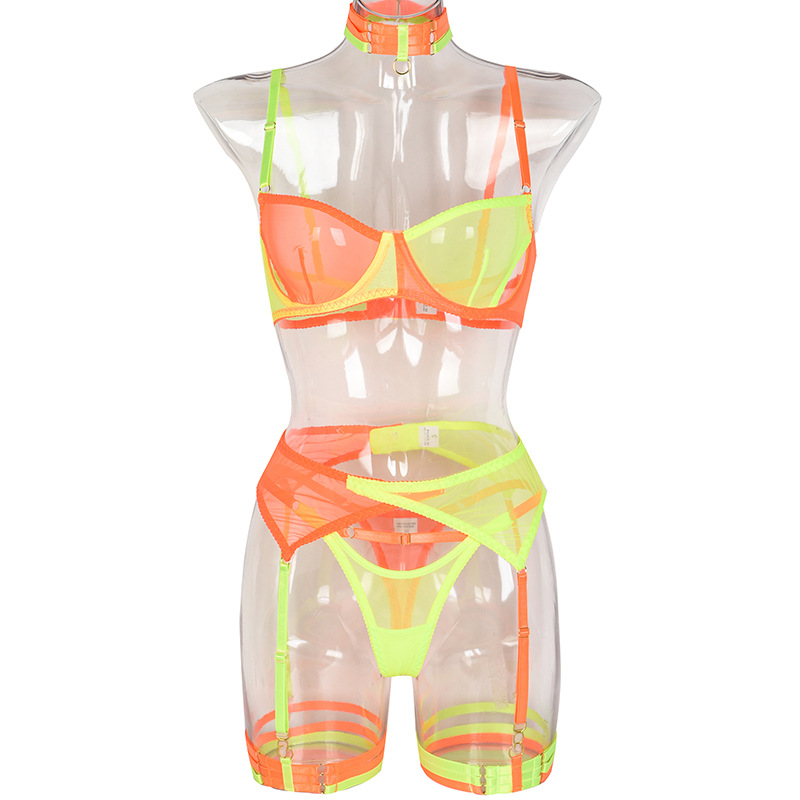 Orange Two-Tone Stretch Mesh Bra Set Front View Orange Two-Tone Stretch Mesh Bra Set Front View