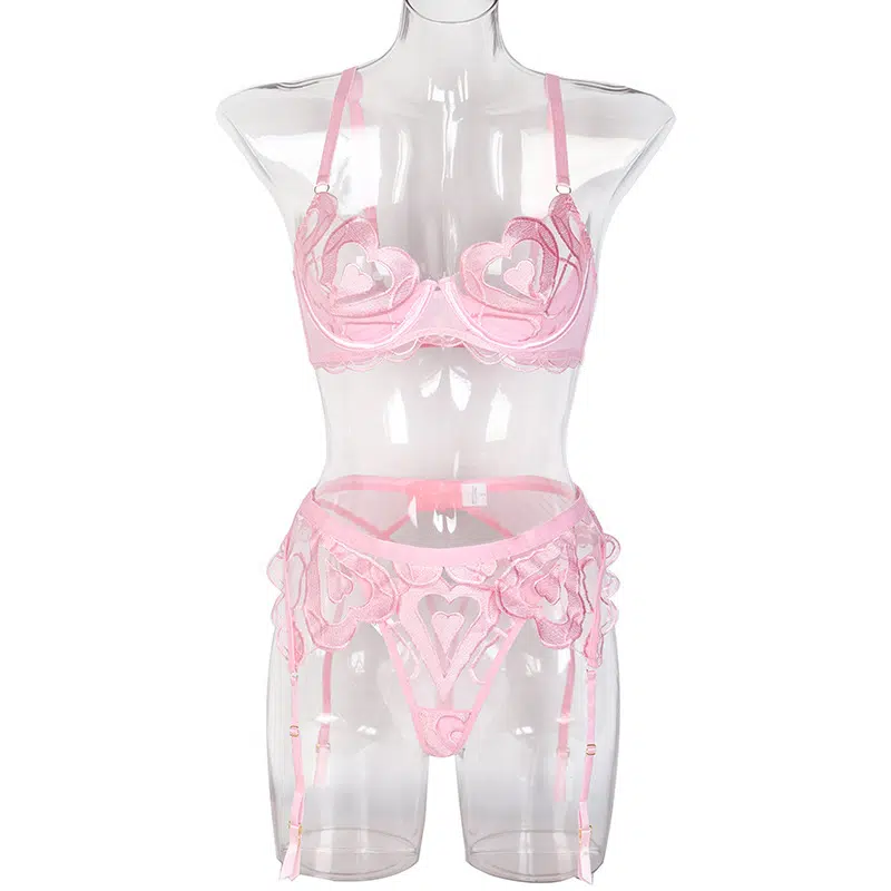 Pink Enchanting Mesh Love Bra & Panty Set with Garter Front View
