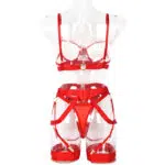 Red 3-Piece Metallic Punk Solid Color Bra & Thong Set Back View Red 3-Piece Metallic Punk Solid Color Bra & Thong Set Back View
