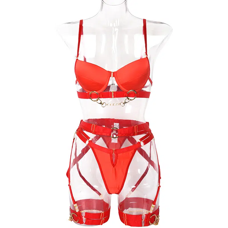 Red 3-Piece Metallic Punk Solid Color Bra & Thong Set Front View Red 3-Piece Metallic Punk Solid Color Bra & Thong Set Front View