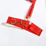 Red 3-Piece Metallic Punk Solid Color Bra & Thong Set Leg Ring Details Red 3-Piece Metallic Punk Solid Color Bra & Thong Set Leg Ring Details