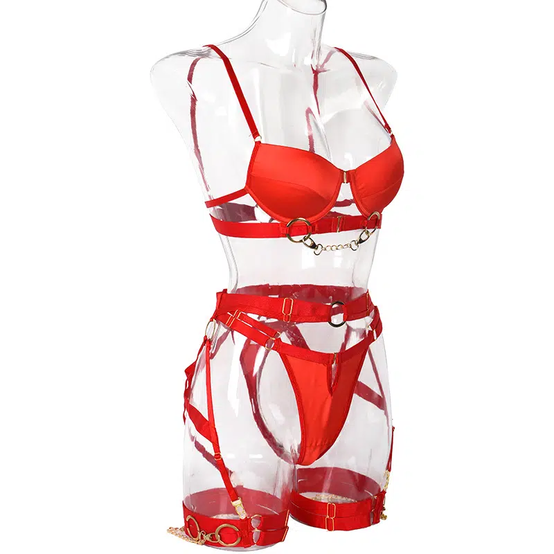 Red 3-Piece Metallic Punk Solid Color Bra & Thong Set Side View Red 3-Piece Metallic Punk Solid Color Bra & Thong Set Side View