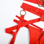 Red 3-Piece Metallic Punk Solid Color Bra & Thong Set Waist Details Red 3-Piece Metallic Punk Solid Color Bra & Thong Set Waist Details