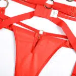 Red 3-Piece Metallic Punk Solid Color Bra & Thong Set Waist Show Red 3-Piece Metallic Punk Solid Color Bra & Thong Set Waist Show