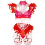 Conjunto de sutiã de renda transparente vermelho elegante com detalhes de penas coloridas vista frontal