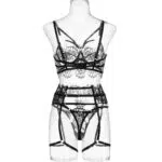 Conjunto de sujetador con recorte transparente de encaje sexy con liga Vista posterior