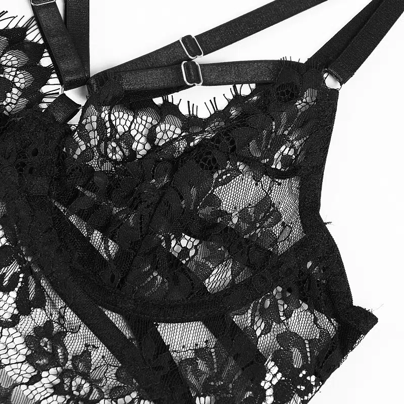 Conjunto de sujetador con recorte transparente de encaje sexy con detalles de sujetador de liga