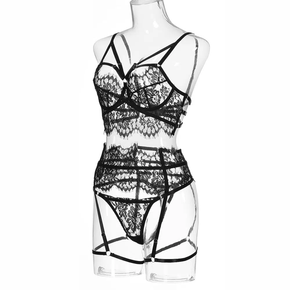 Conjunto de sujetador con recorte transparente de encaje sexy con vista lateral de liga