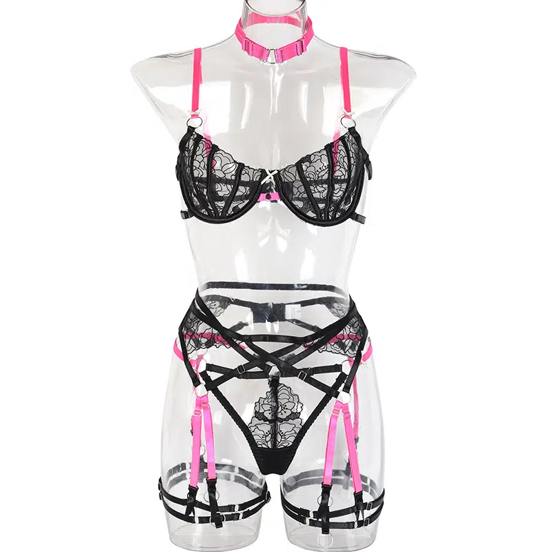 Sexy Tulle Bra Set with Embroidered Lace and Mini Bows Front View Ensemble soutien-gorge sexy en tulle avec dentelle brodée et mini nœuds Vue de face